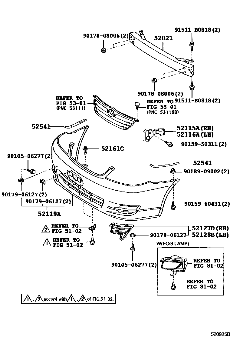 Toyota COROLLA 前保险杠及附件 EPC diagram — 520925B