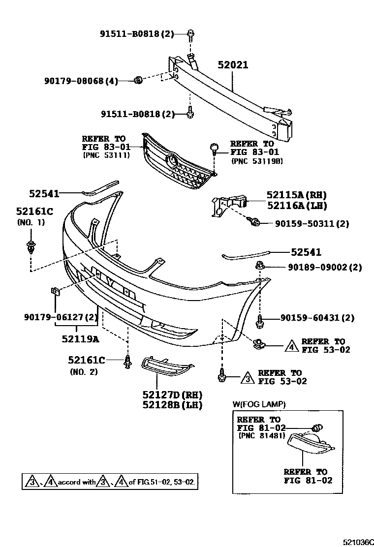Toyota COROLLA 前保险杠及附件 EPC diagram — 521036C