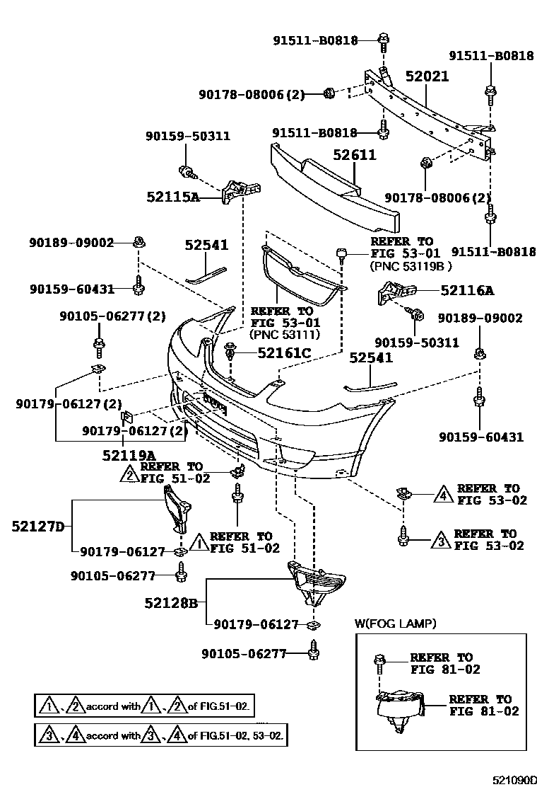Toyota COROLLA 前保险杠及附件 EPC diagram — 521090D