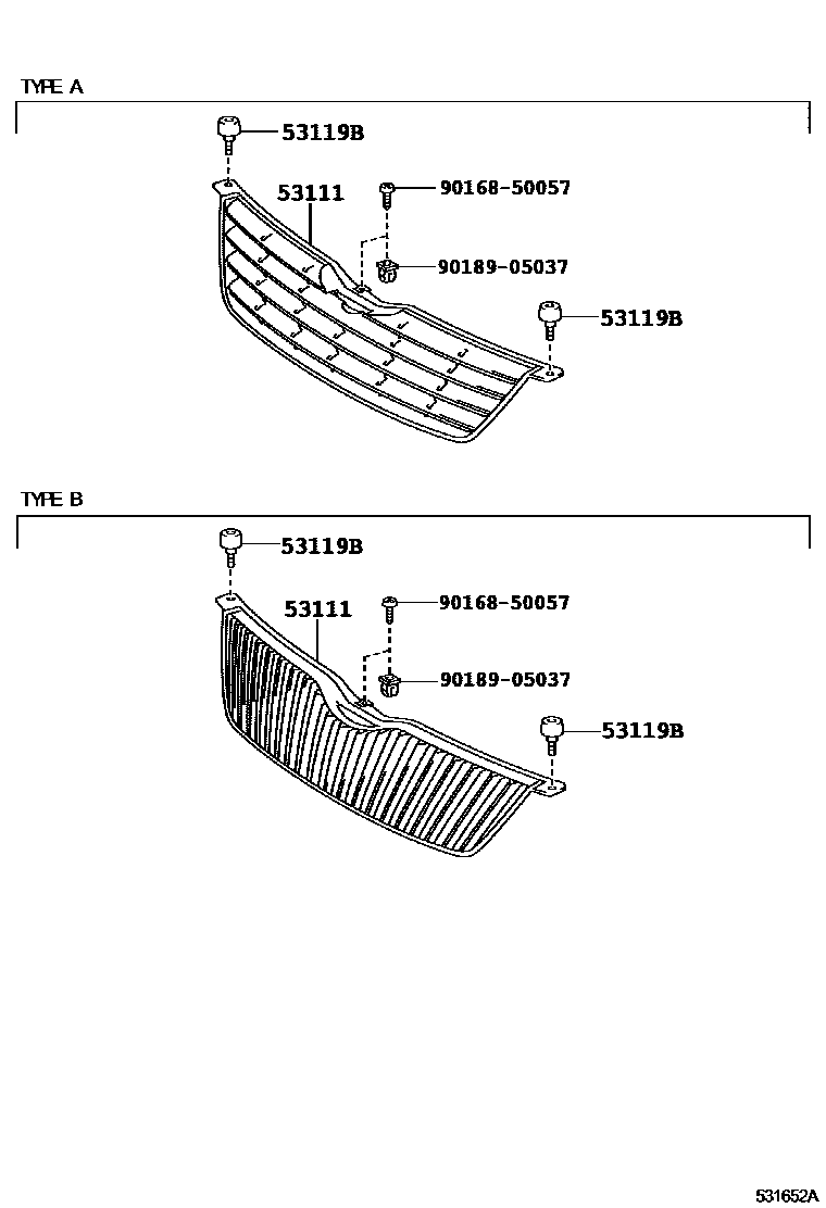 Toyota COROLLA radiator grille EPC diagram — 531652A