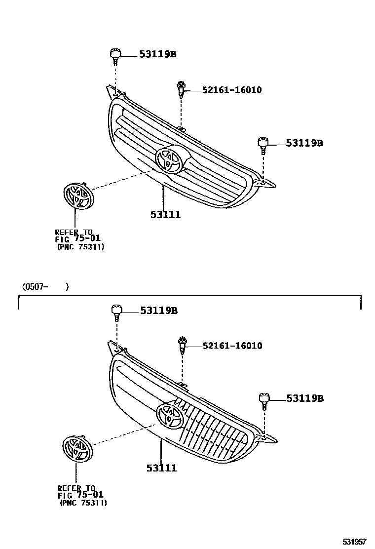 Toyota COROLLA radiator grille EPC diagram — 531957
