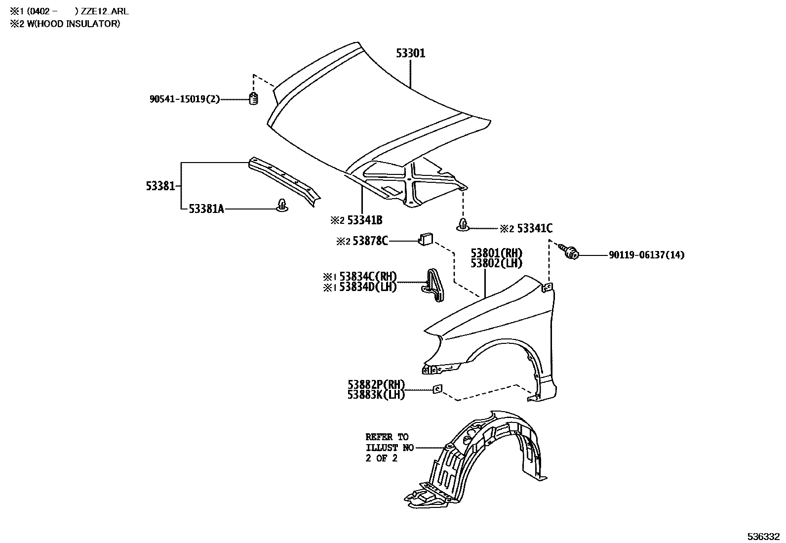 Toyota COROLLA 发动机盖和前翼子板 EPC diagram — 536332