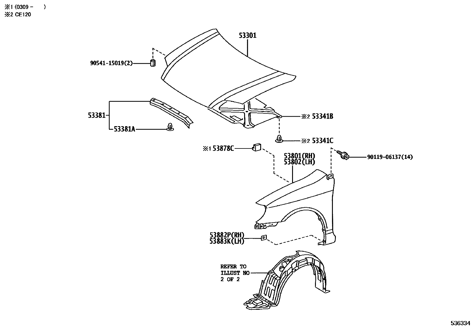 Toyota COROLLA 发动机盖和前翼子板 EPC diagram — 536334