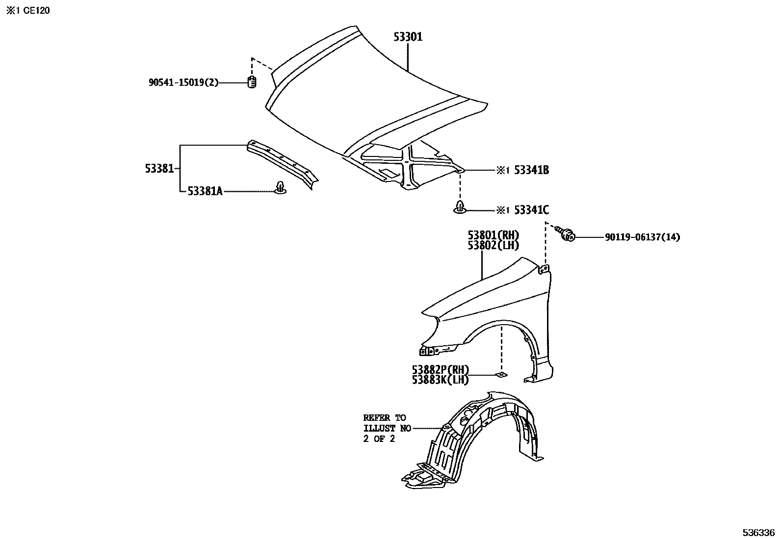 Toyota COROLLA 发动机盖和前翼子板 EPC diagram — 536336