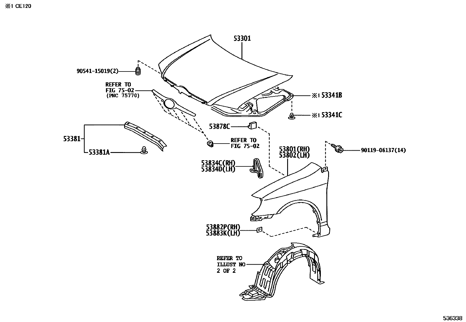 Toyota COROLLA 发动机盖和前翼子板 EPC diagram — 536338