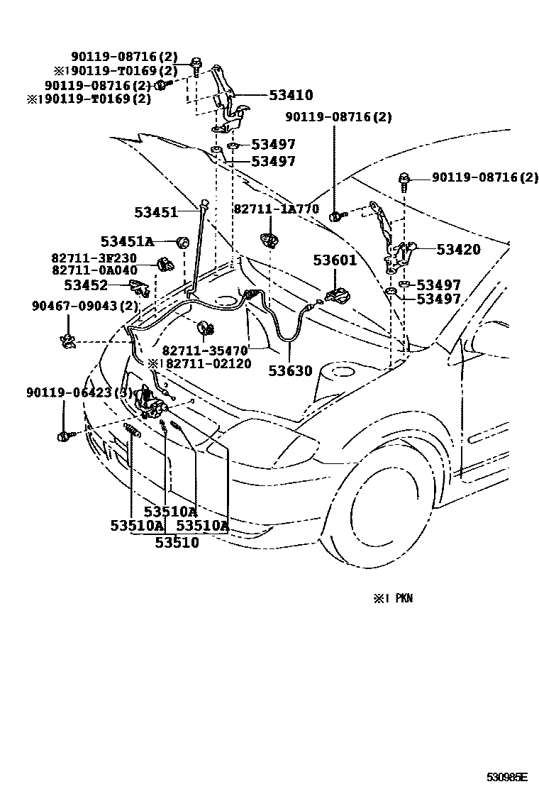 Toyota COROLLA 发动机盖锁和铰链 EPC diagram — 530985E
