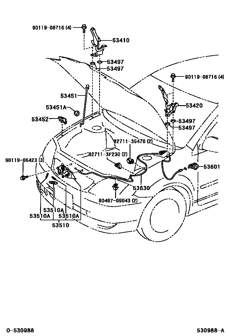 Toyota COROLLA 发动机盖锁和铰链 EPC diagram — 530988A
