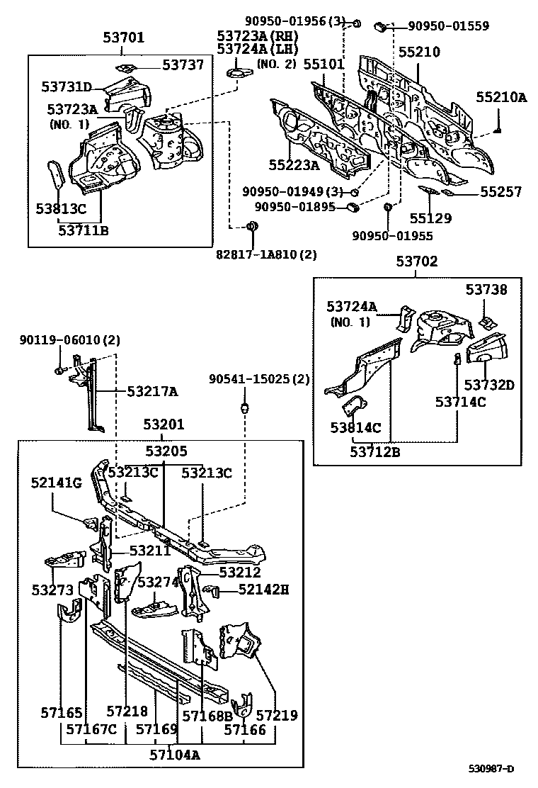 Toyota COROLLA 前翼子板挡泥板和前围板 EPC diagram — 530987D