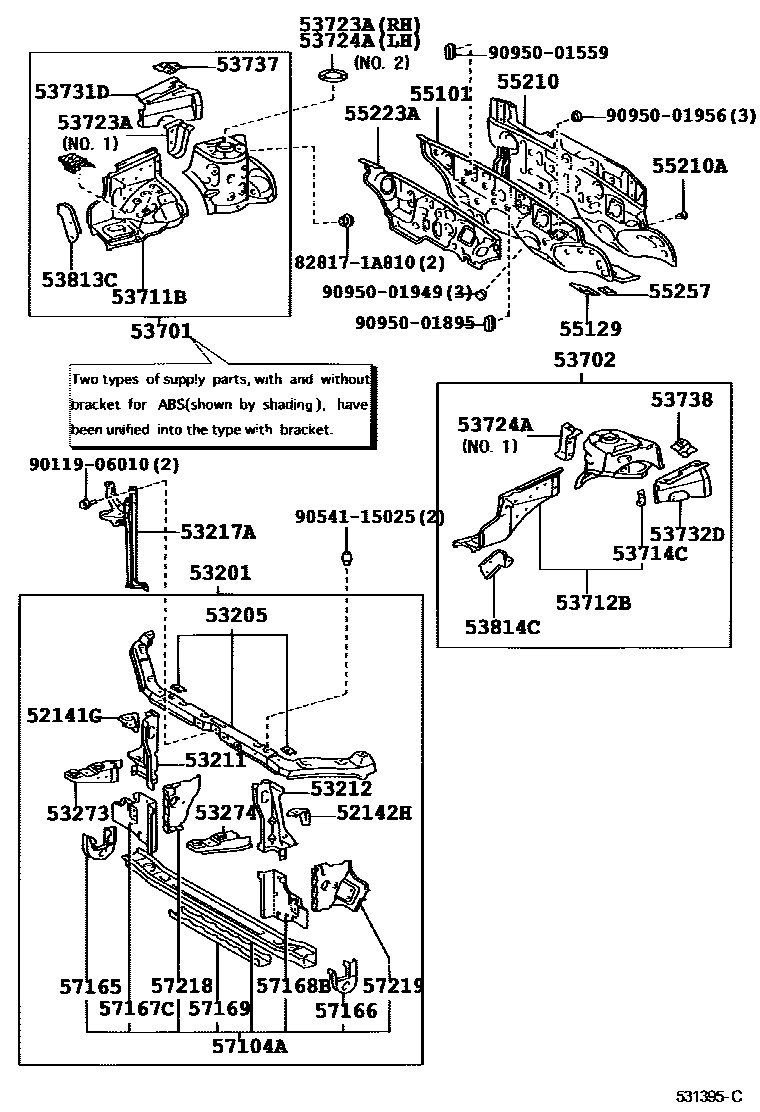 Toyota COROLLA 前翼子板挡泥板和前围板 EPC diagram — 531395C