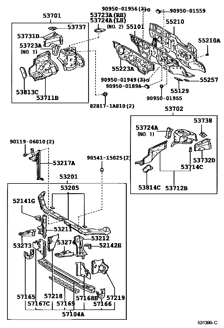 Toyota COROLLA 前翼子板挡泥板和前围板 EPC diagram — 531396C