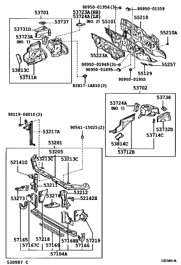 Toyota COROLLA 前翼子板挡泥板和前围板 EPC diagram — 531565A