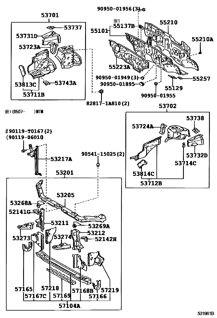 Toyota COROLLA 前翼子板挡泥板和前围板 EPC diagram — 531961B