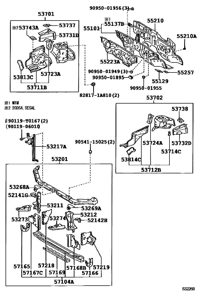 Toyota COROLLA 前翼子板挡泥板和前围板 EPC diagram — 532268
