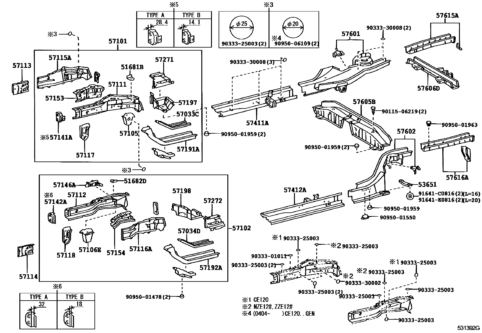 Toyota COROLLA Floor stringers EPC diagram — 531392G