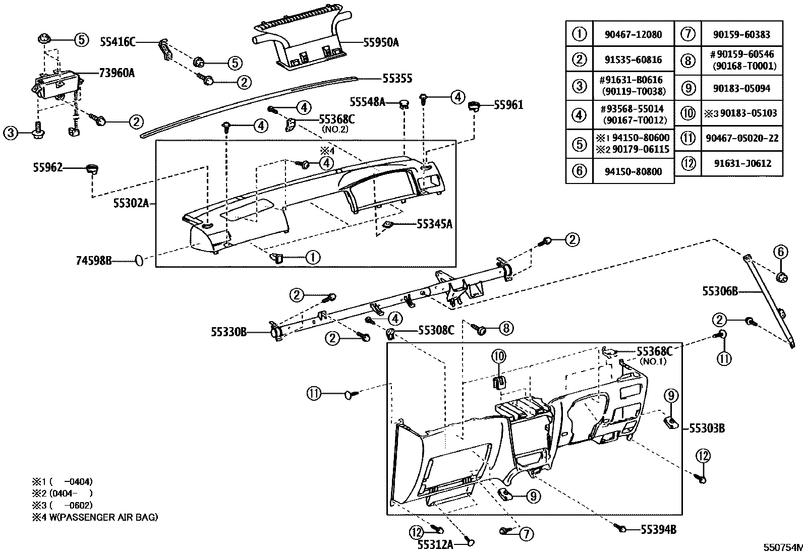 Toyota COROLLA 仪表板和手套箱 EPC diagram — 550754M