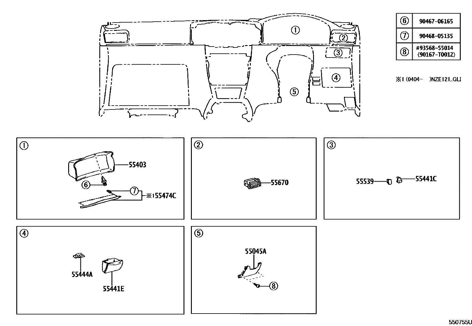 Toyota COROLLA 仪表板和手套箱 EPC diagram — 550755U