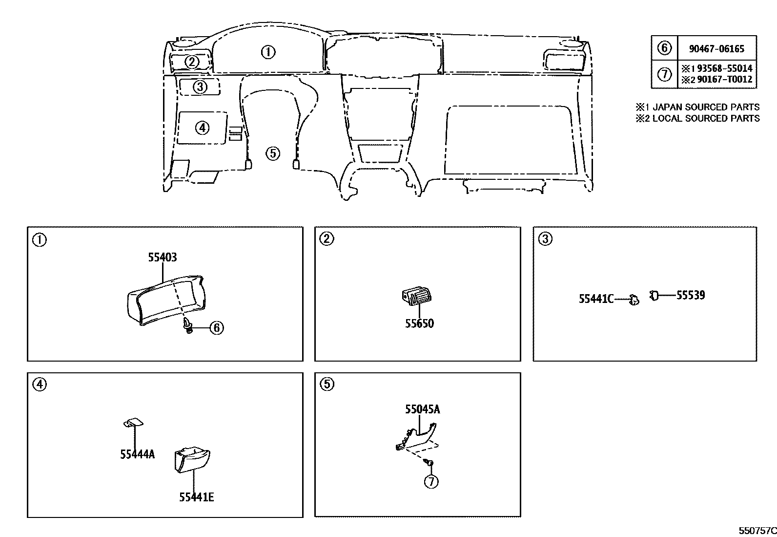 Toyota COROLLA 仪表板和手套箱 EPC diagram — 550757O