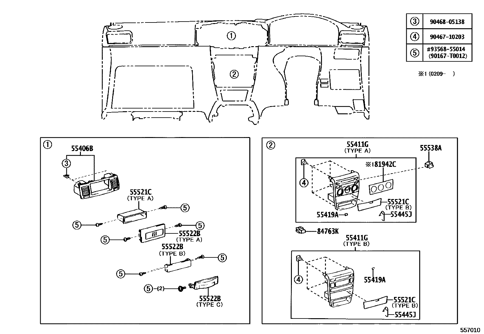 Toyota COROLLA 仪表板和手套箱 EPC diagram — 557010