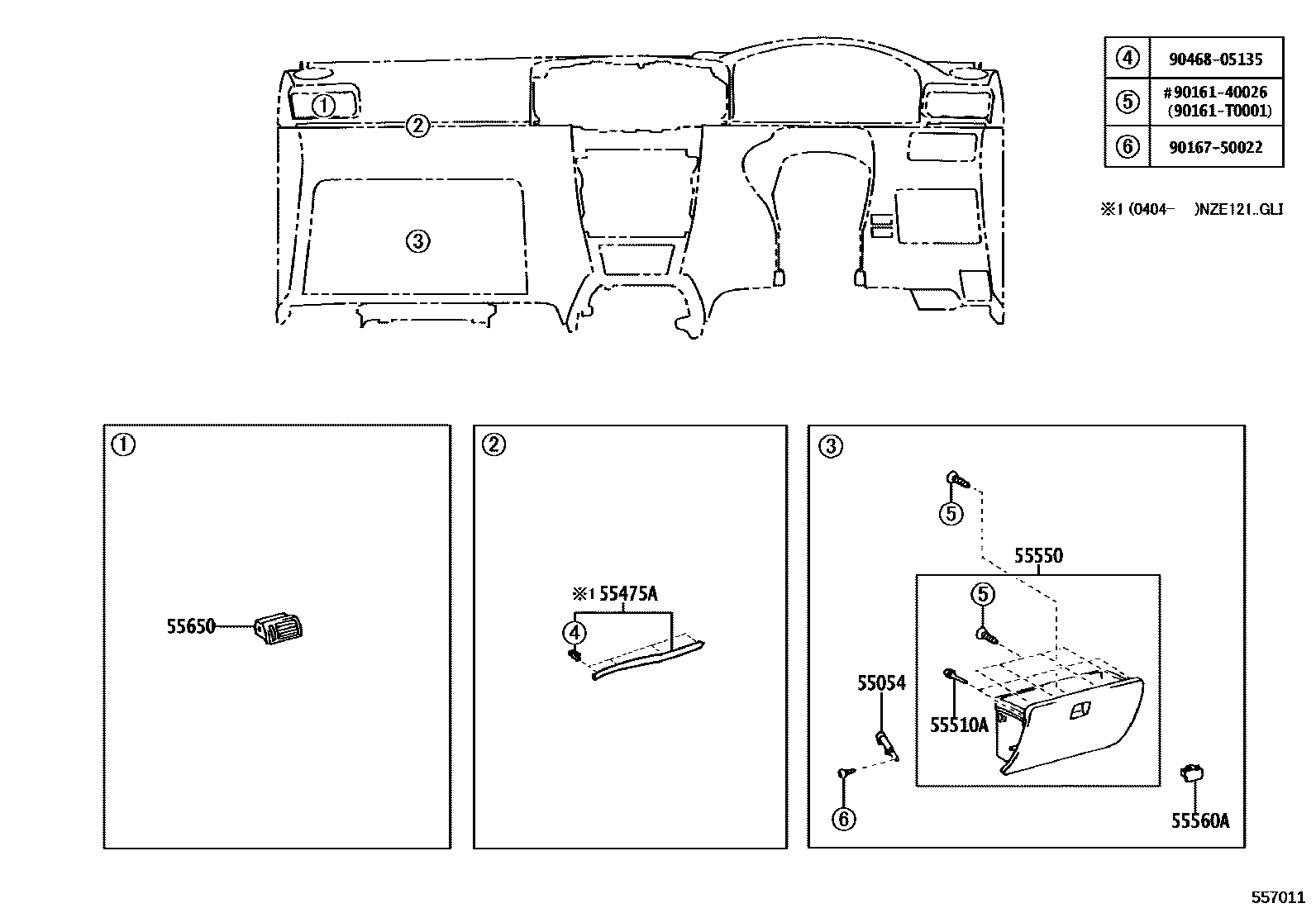 Toyota COROLLA 仪表板和手套箱 EPC diagram — 557011