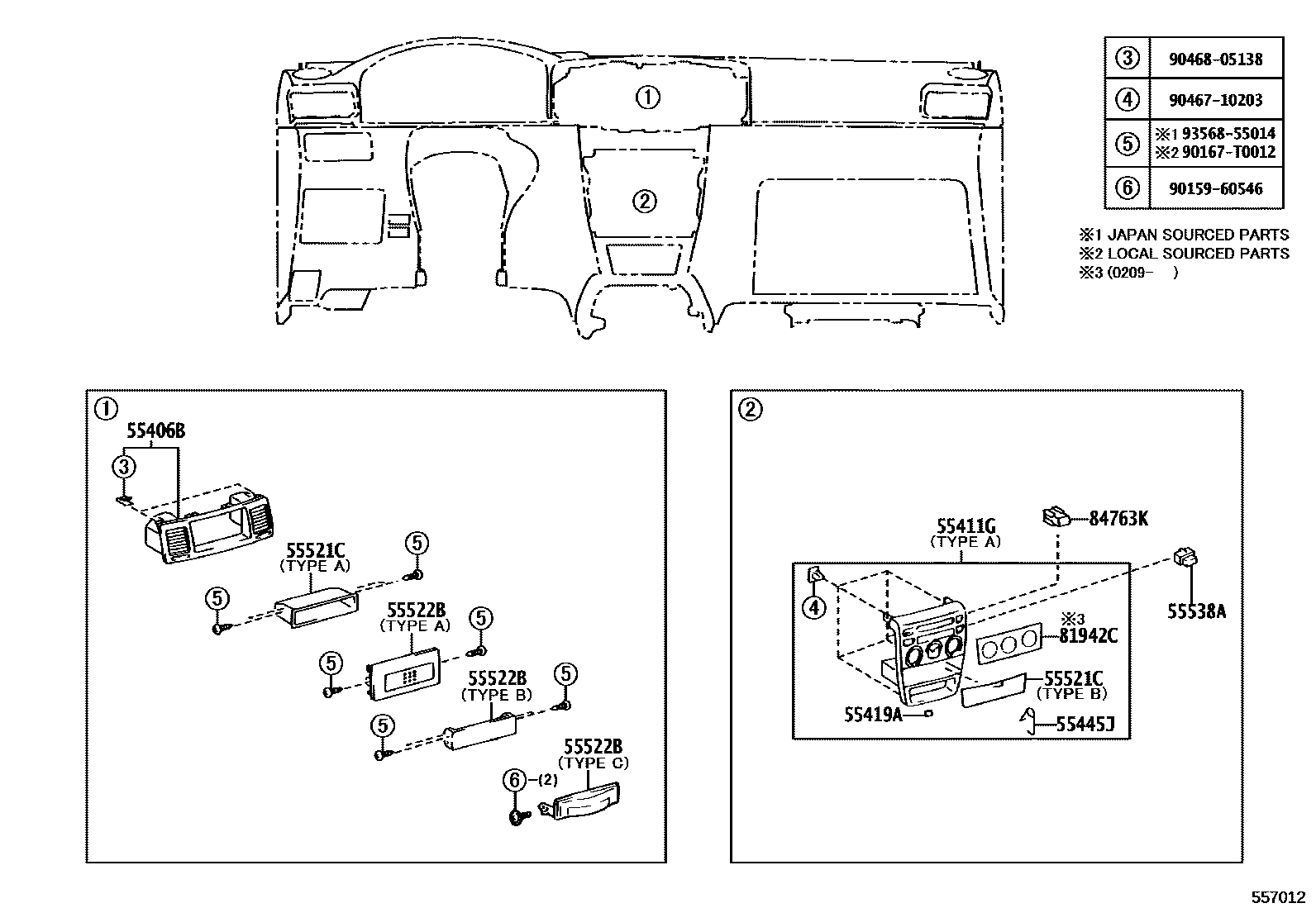 Toyota COROLLA 仪表板和手套箱 EPC diagram — 557012