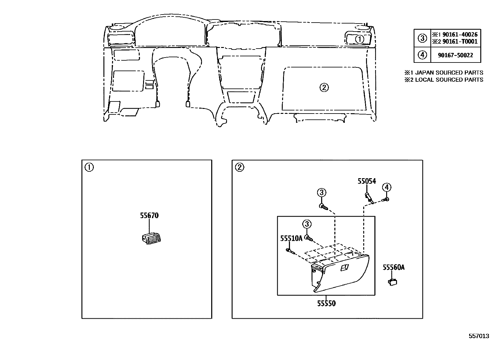 Toyota COROLLA 仪表板和手套箱 EPC diagram — 557013