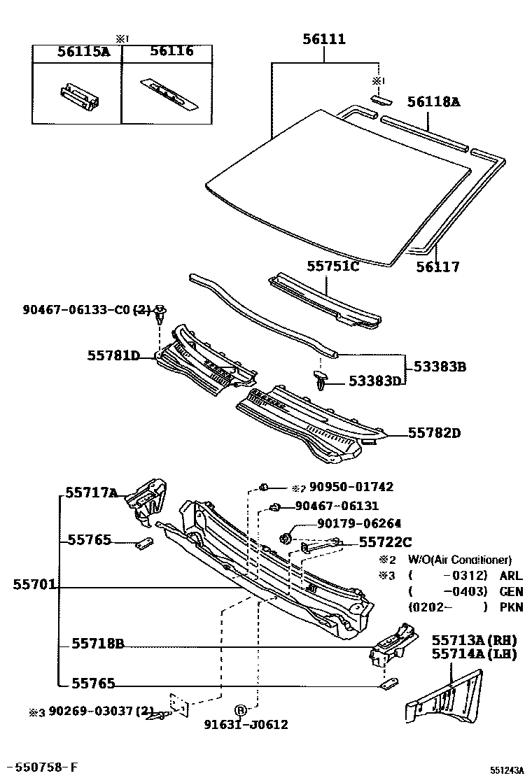 Toyota COROLLA 前围板和挡风玻璃 EPC diagram — 551243C