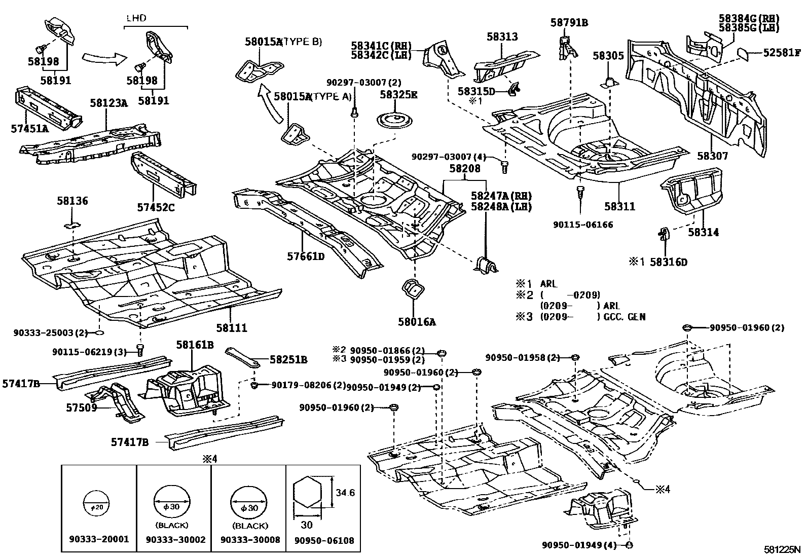 Toyota COROLLA 浅盘形地板和车身下背板 EPC diagram — 581225N