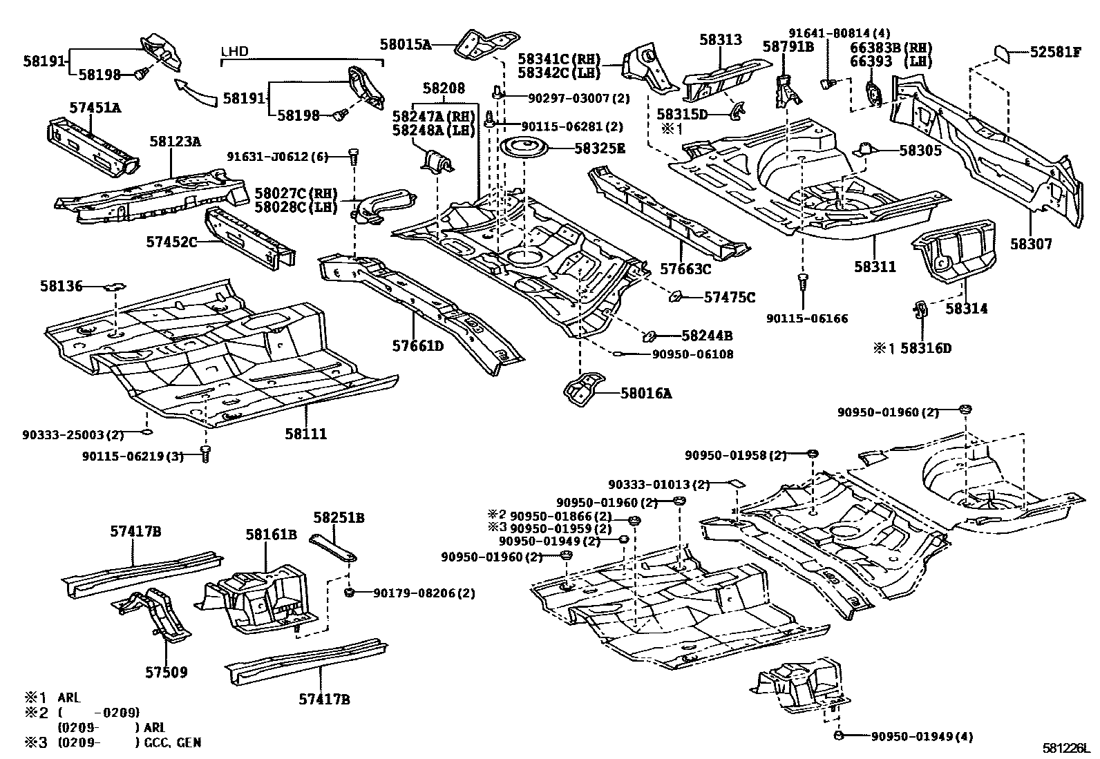 Toyota COROLLA 浅盘形地板和车身下背板 EPC diagram — 581226L