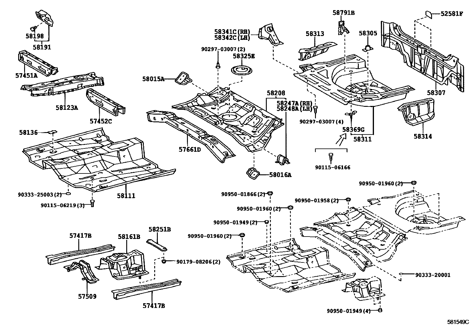 Toyota COROLLA 浅盘形地板和车身下背板 EPC diagram — 581549C
