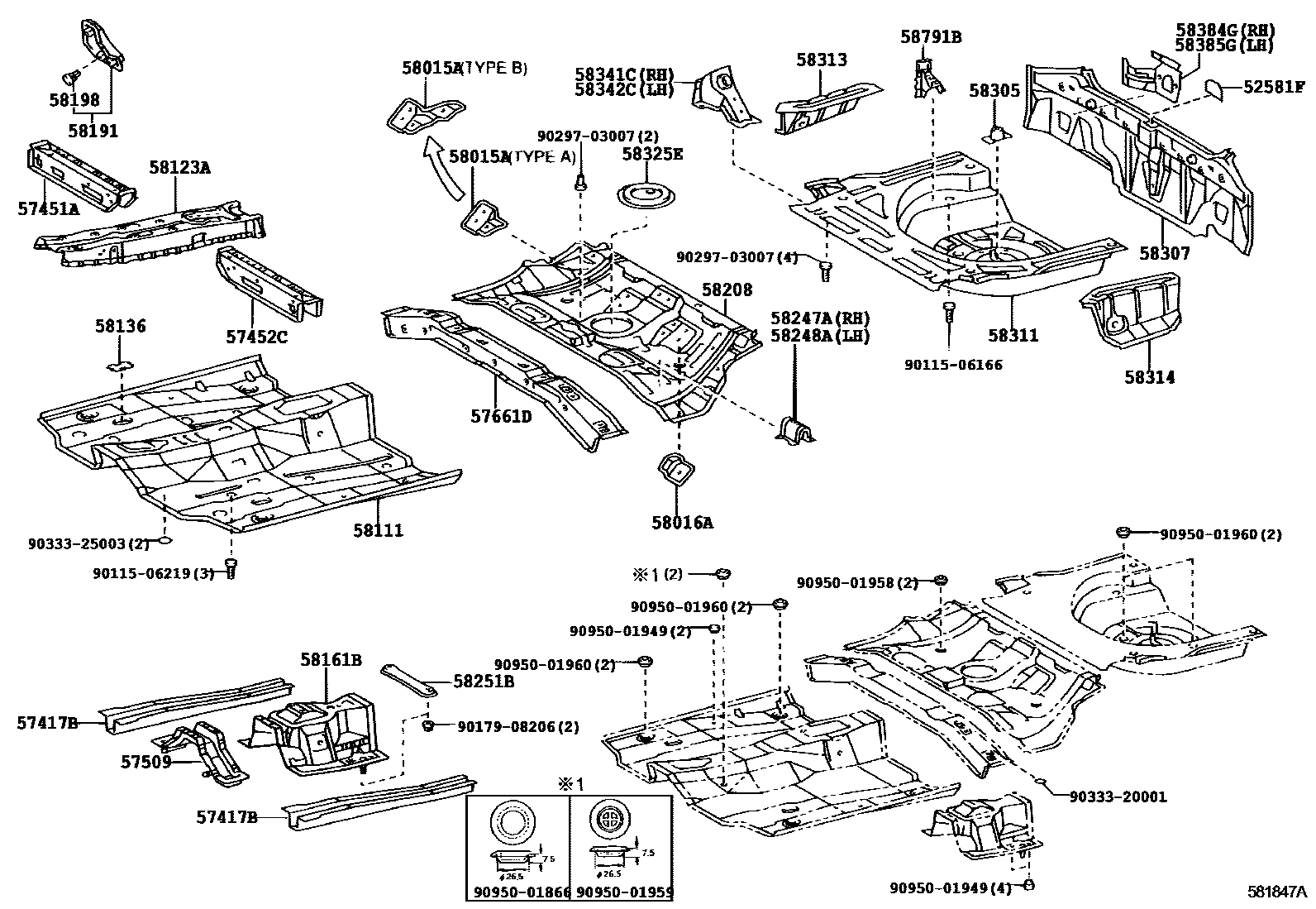 Toyota COROLLA 浅盘形地板和车身下背板 EPC diagram — 581847A