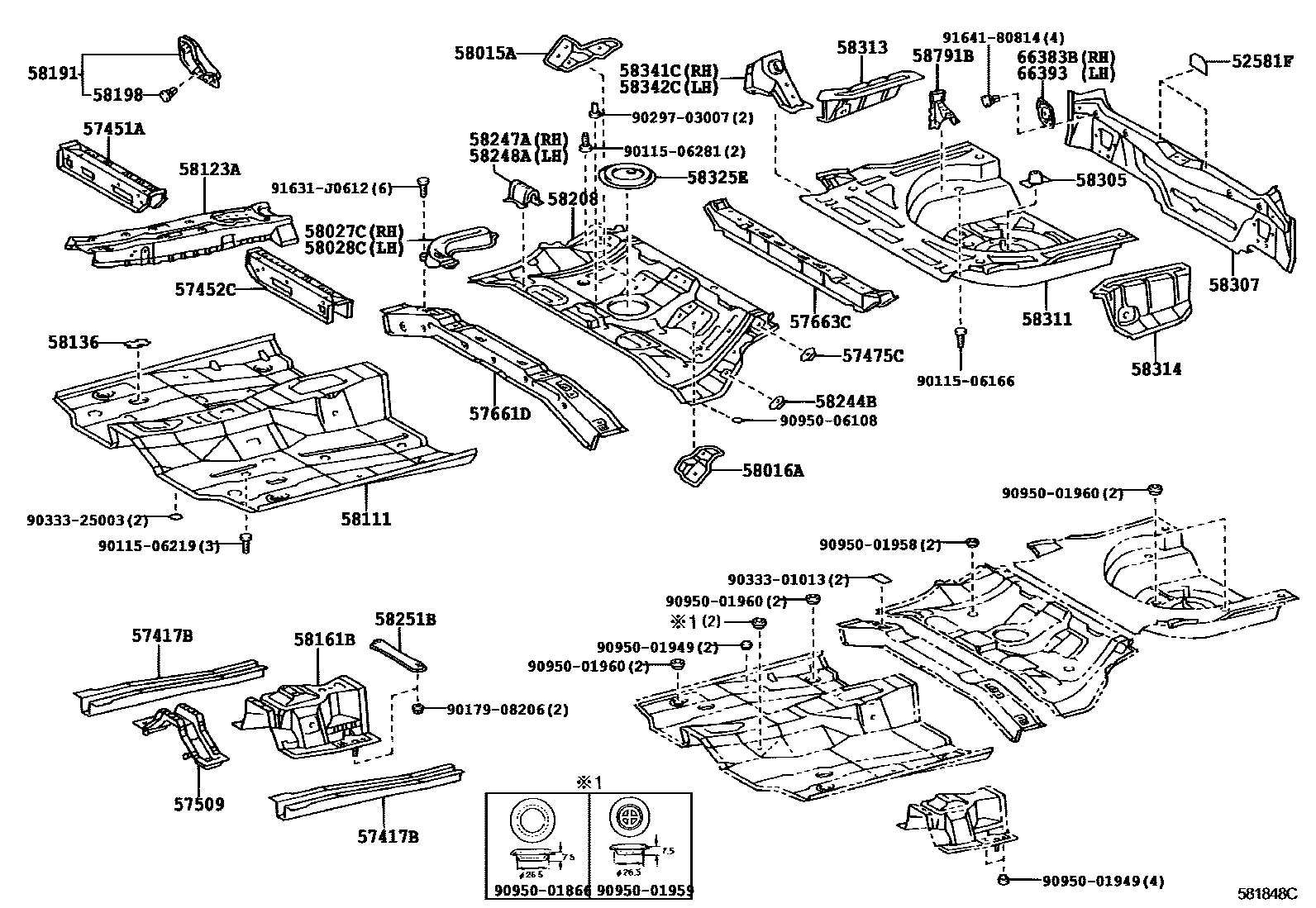 Toyota COROLLA 浅盘形地板和车身下背板 EPC diagram — 581848C
