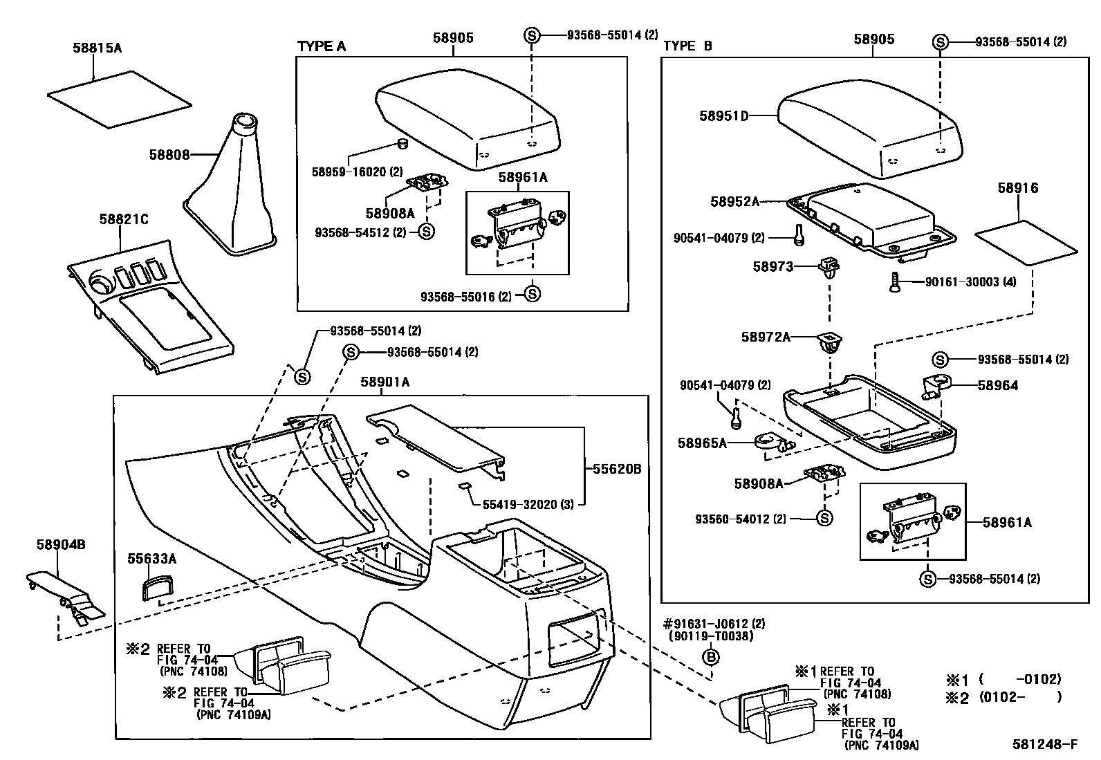 Toyota COROLLA 中央扶手箱和支架 EPC diagram — 581248F