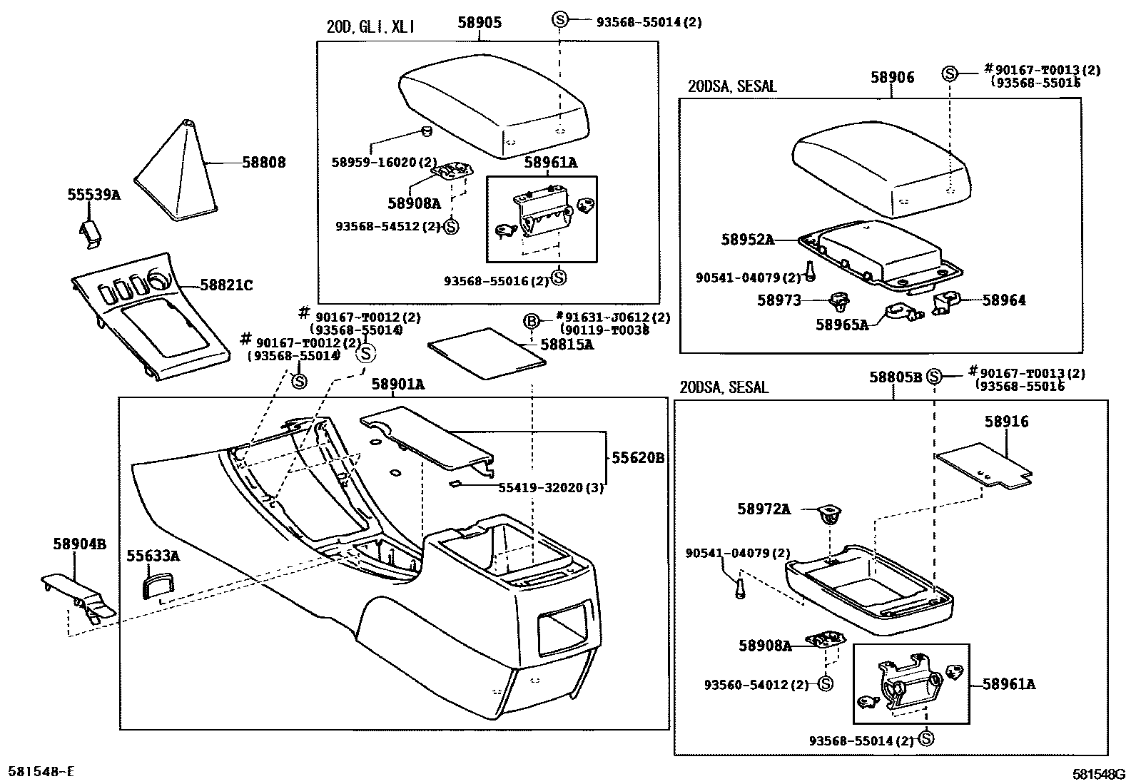 Toyota COROLLA 中央扶手箱和支架 EPC diagram — 581548G