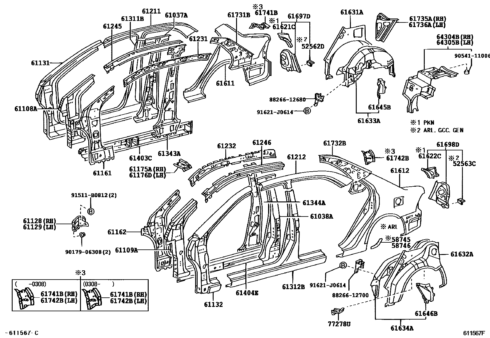 Toyota COROLLA 侧梁 EPC diagram — 611567F
