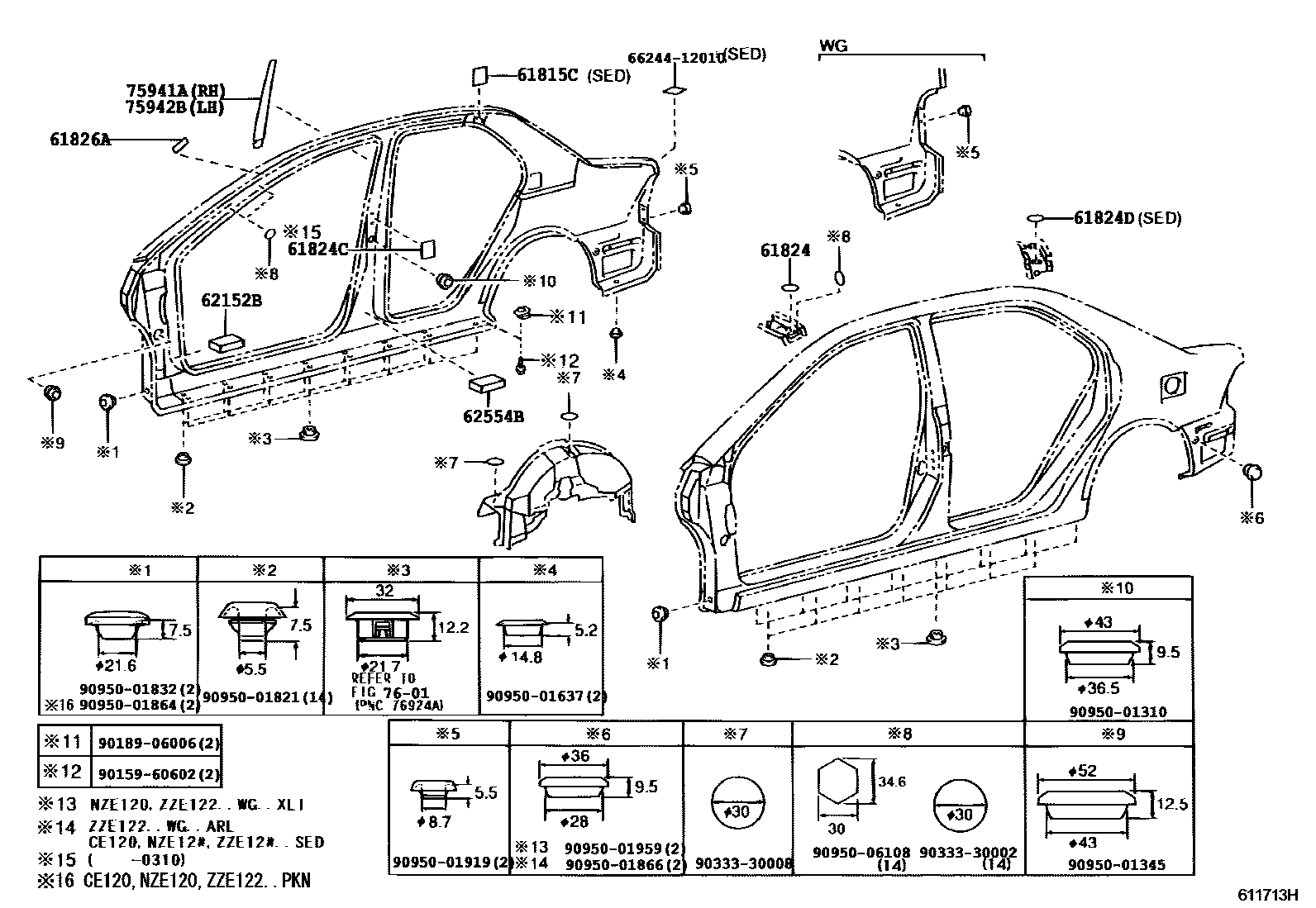 Toyota COROLLA 侧梁 EPC diagram — 611713H