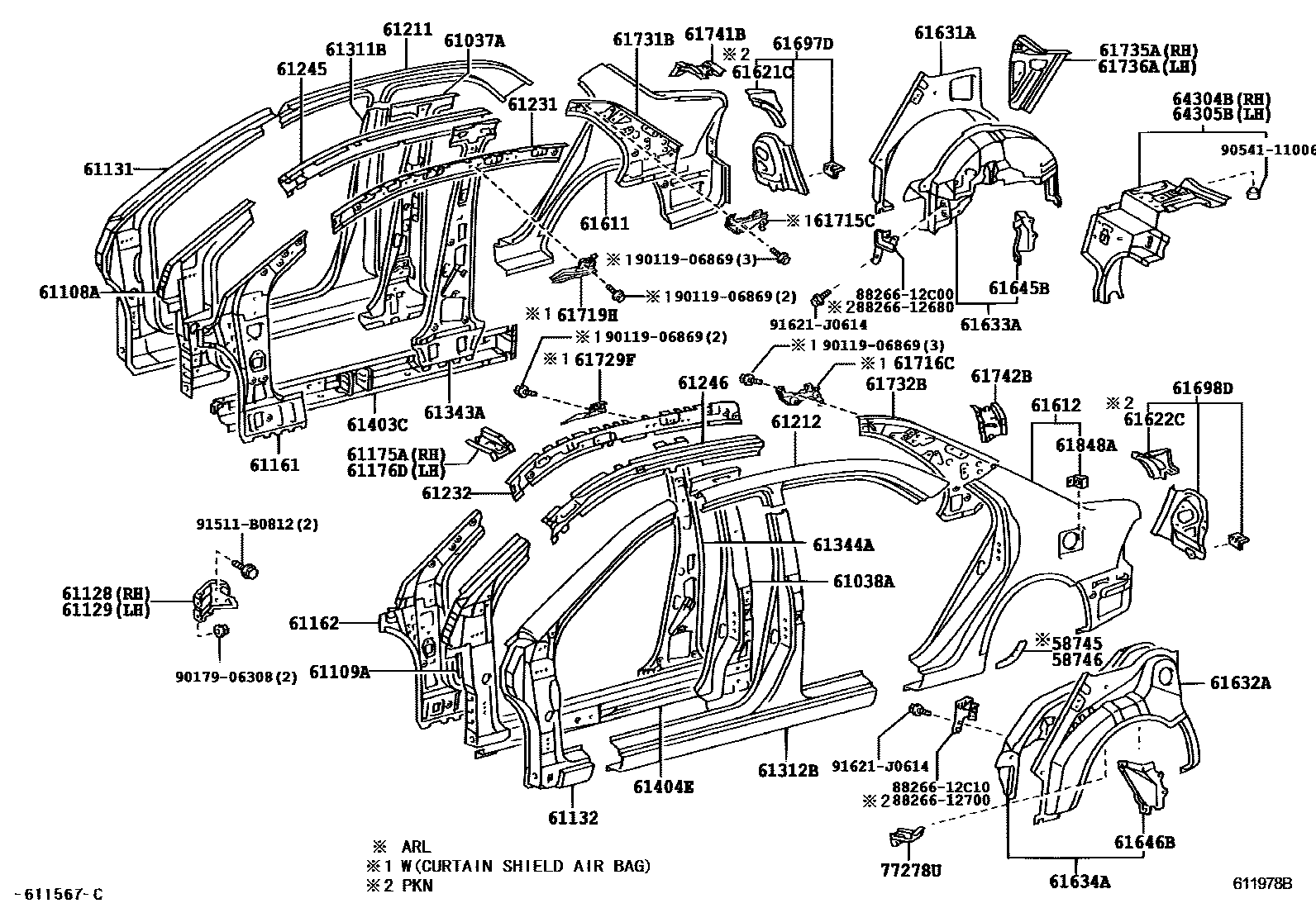 Toyota COROLLA 侧梁 EPC diagram — 611978C
