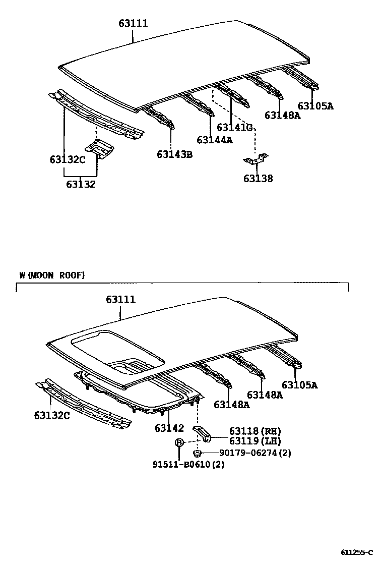 Toyota COROLLA 天窗板和背窗玻璃 EPC diagram — 611255C