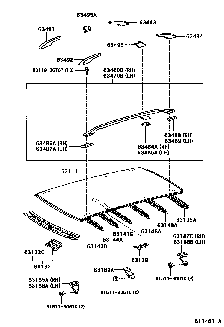 Toyota COROLLA 天窗板和背窗玻璃 EPC diagram — 611481A