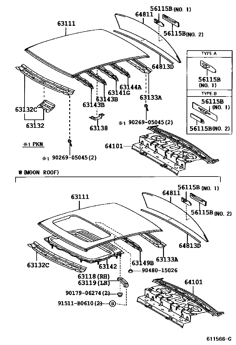 Toyota COROLLA 天窗板和背窗玻璃 EPC diagram — 611566C