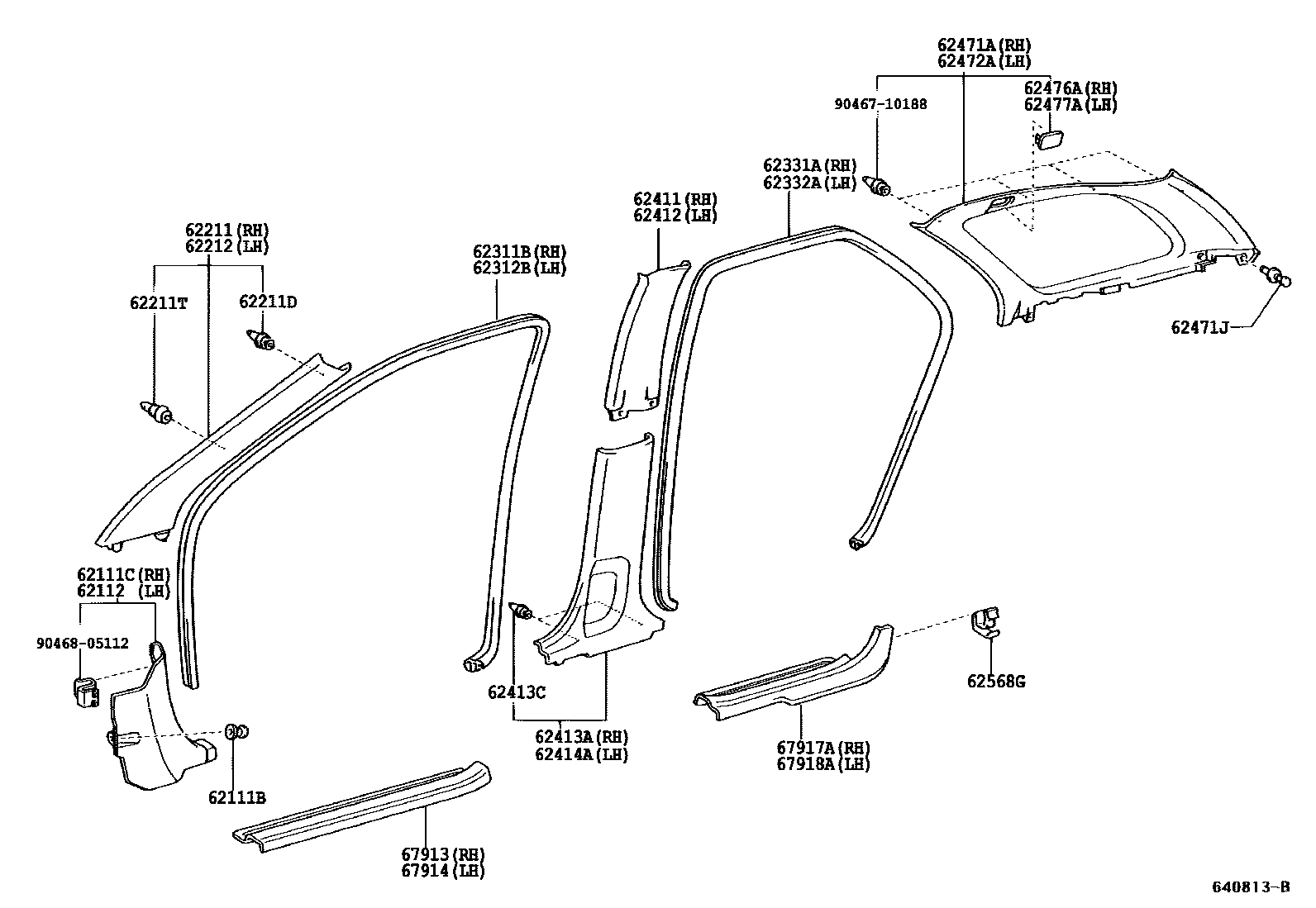 Toyota COROLLA 内饰板和车门防水胶条 EPC diagram — 640813B