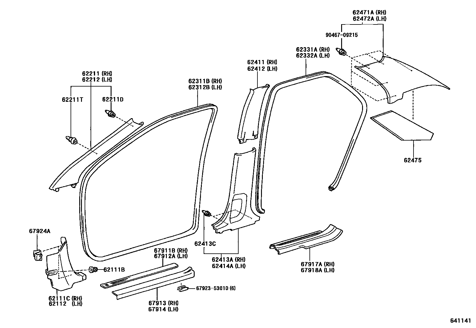 Toyota COROLLA 内饰板和车门防水胶条 EPC diagram — 641141