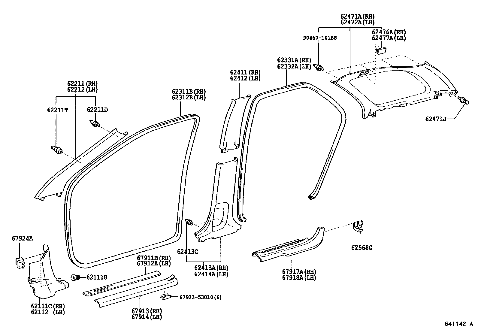 Toyota COROLLA 内饰板和车门防水胶条 EPC diagram — 641142A