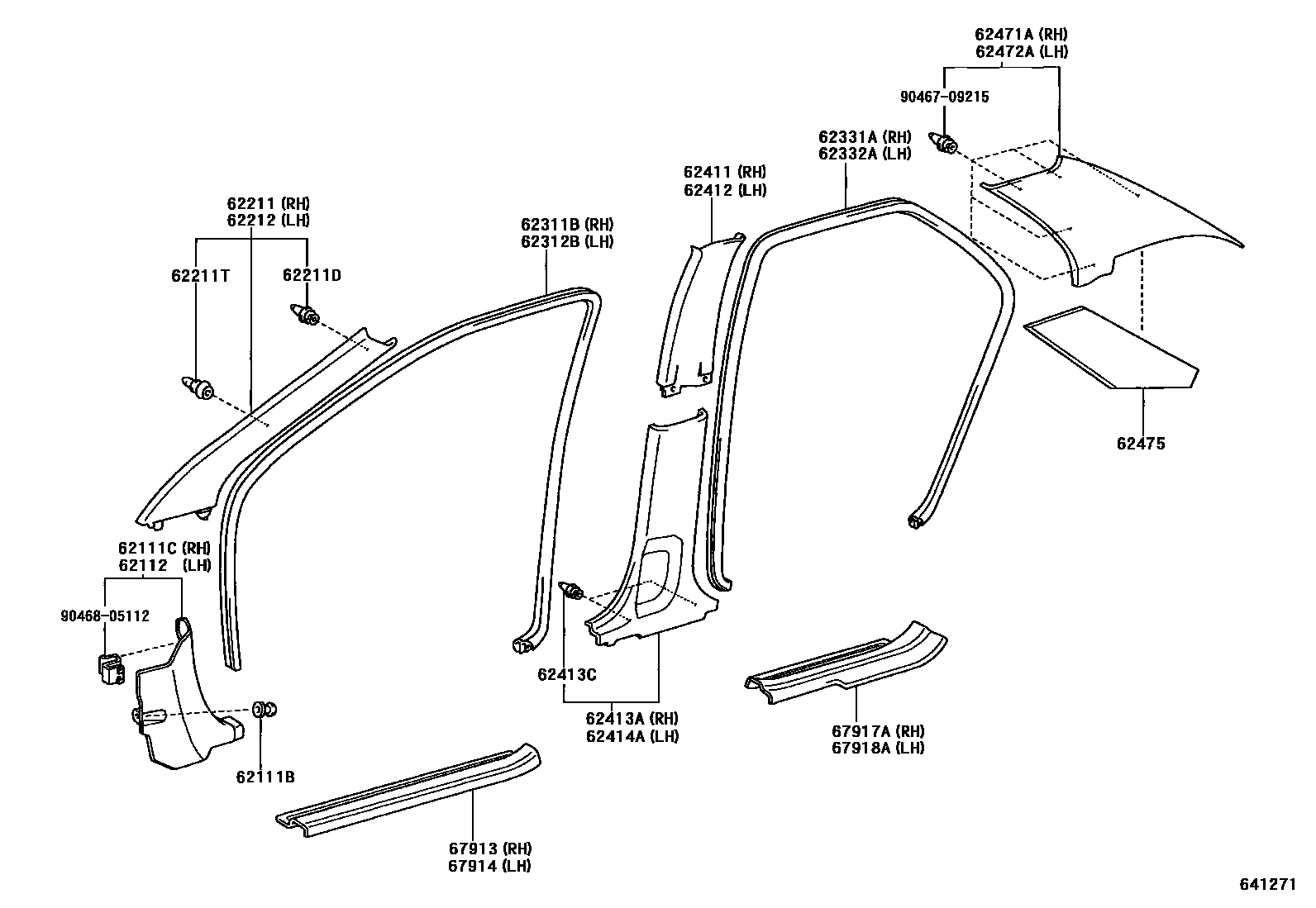 Toyota COROLLA 内饰板和车门防水胶条 EPC diagram — 641271