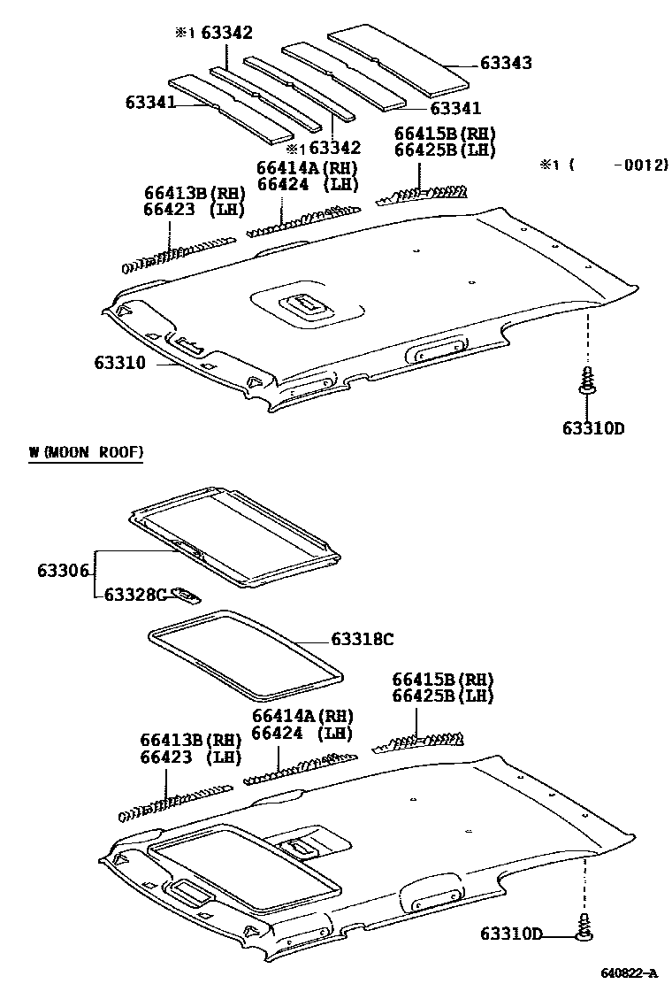 Toyota COROLLA 车顶内衬和消声垫 EPC diagram — 640822A