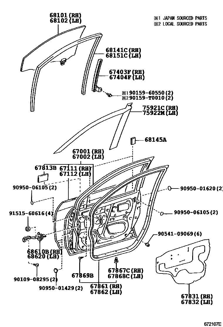 Toyota COROLLA 前门板和前门玻璃 EPC diagram — 672107E