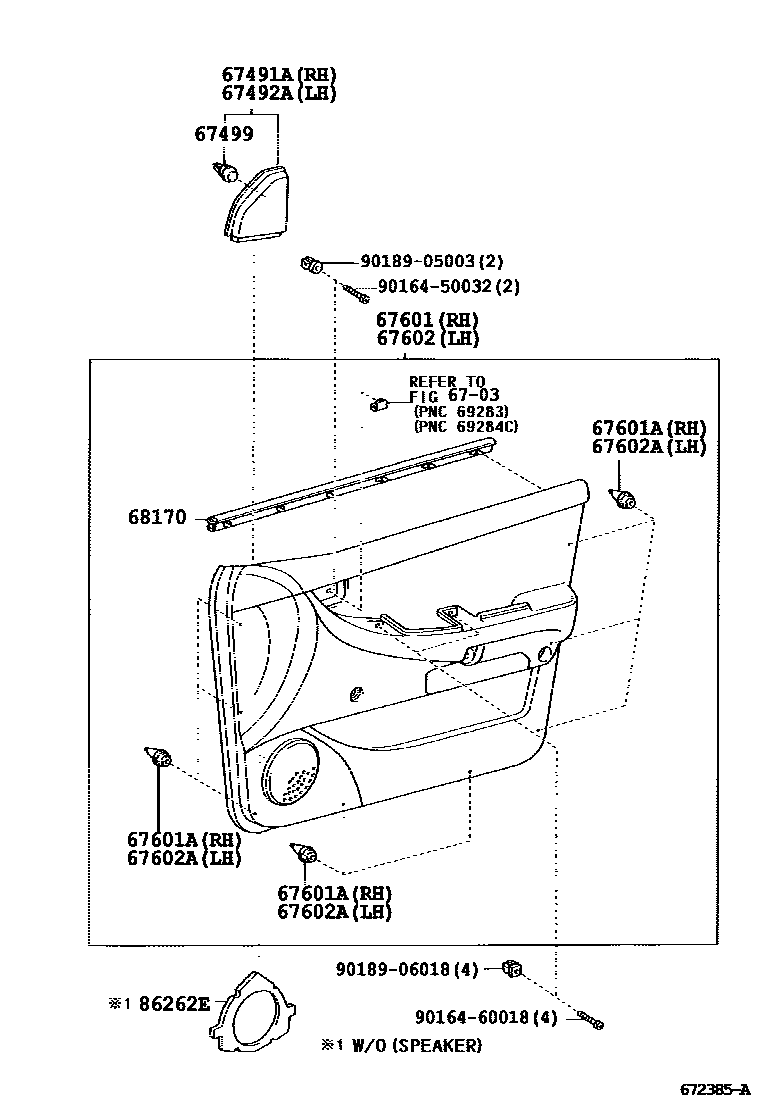 Toyota COROLLA 前门板和前门玻璃 EPC diagram — 672385A