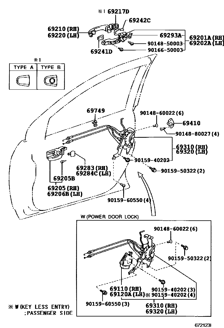 Toyota COROLLA 前门锁和车门把手 EPC diagram — 672123I