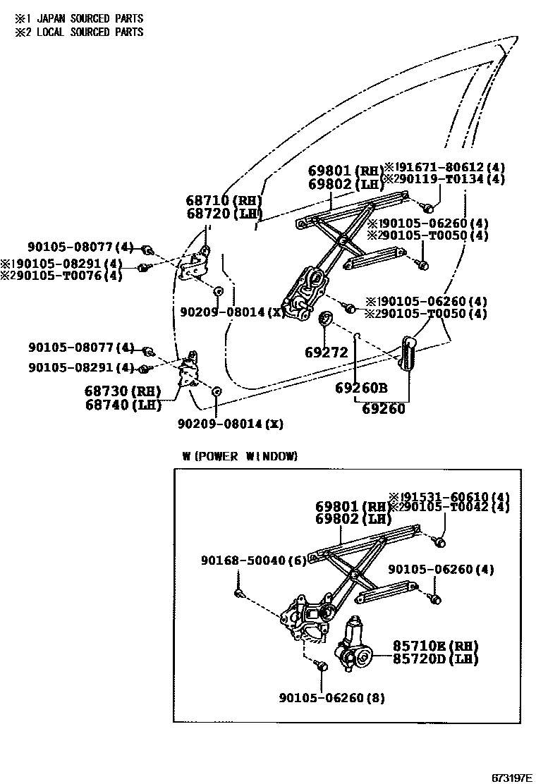 Toyota COROLLA 前门车窗升降器和合页 EPC diagram — 673197E
