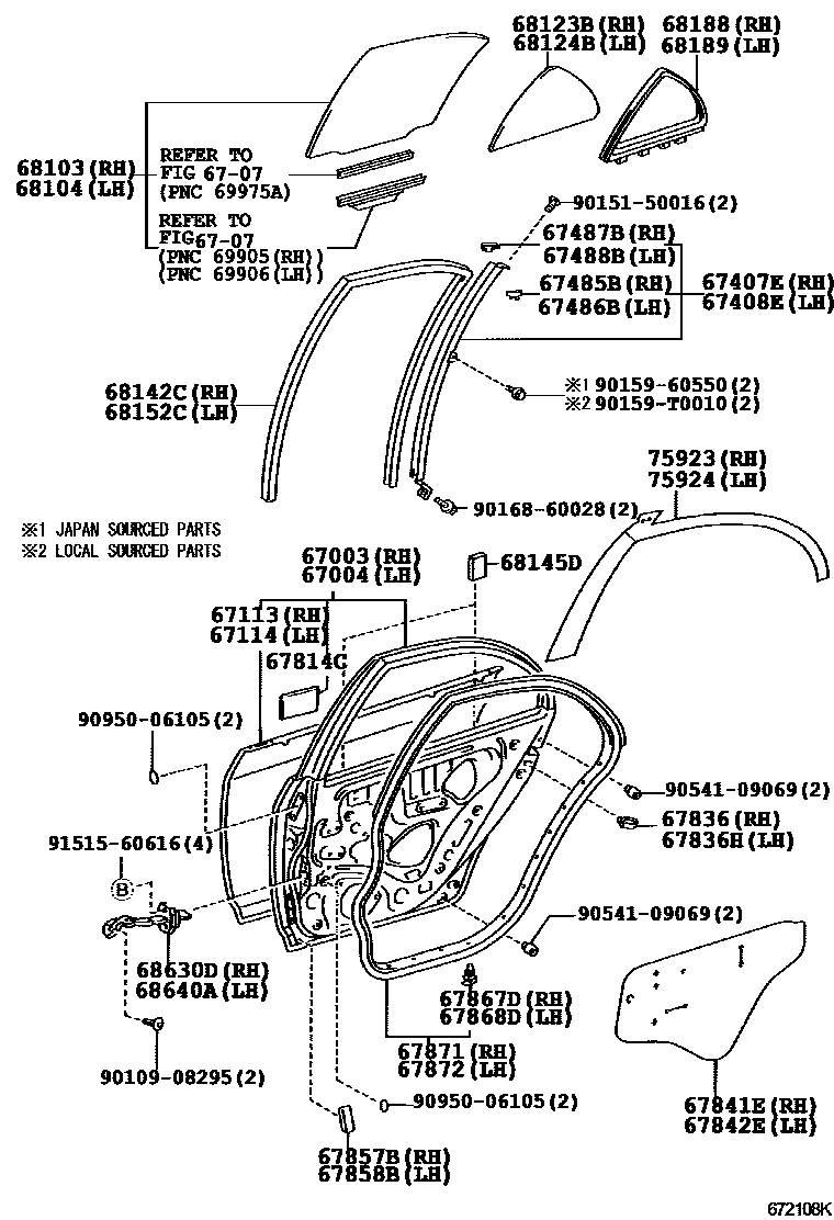 Toyota COROLLA 后门板和后门玻璃 EPC diagram — 672108K