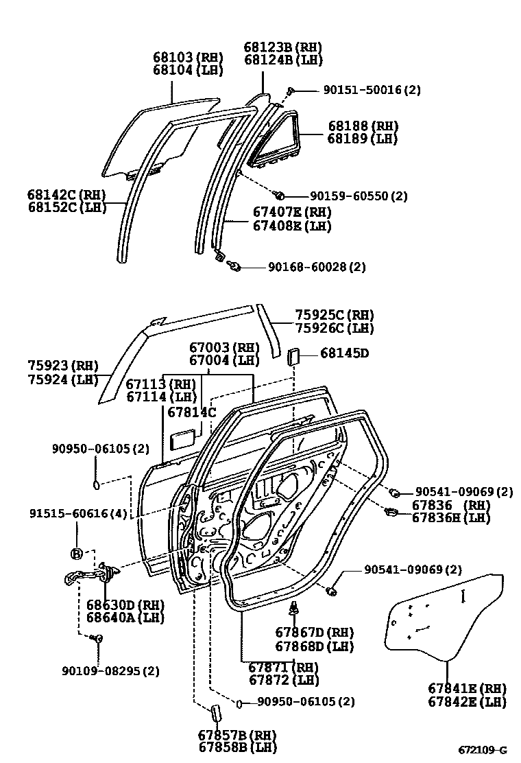 Toyota COROLLA 后门板和后门玻璃 EPC diagram — 672109G